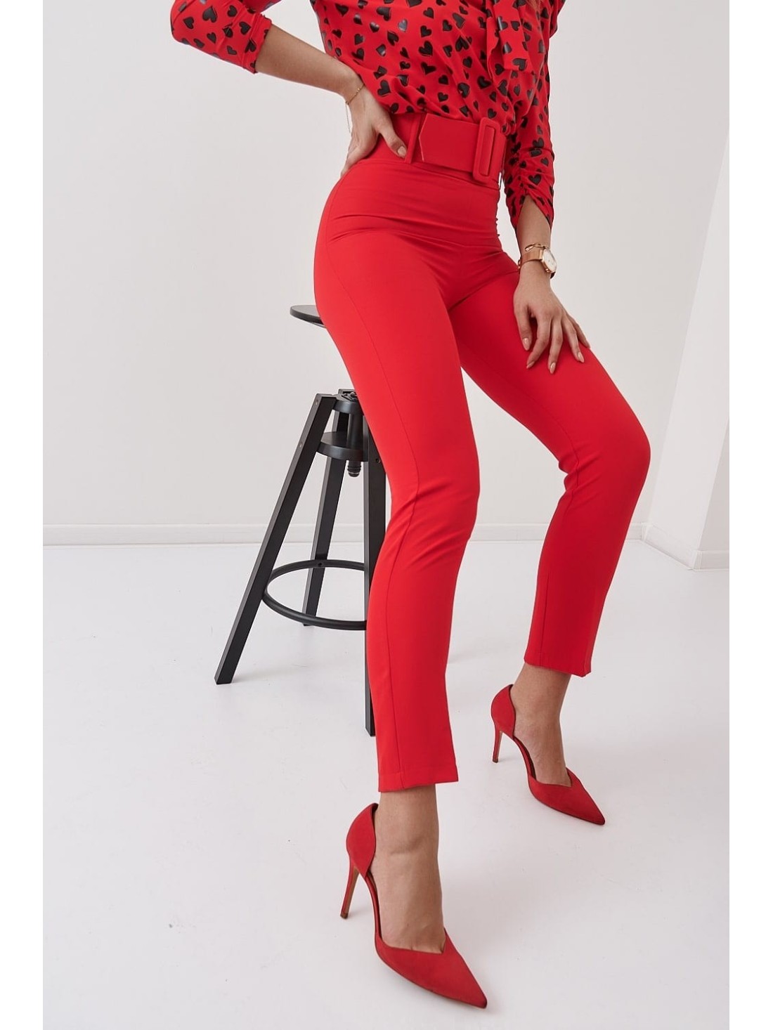 Classic trousers with a belt, red 50160 - Online store - Boutique